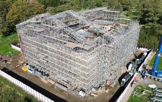An image of the Haigh Hall scaffolding project.