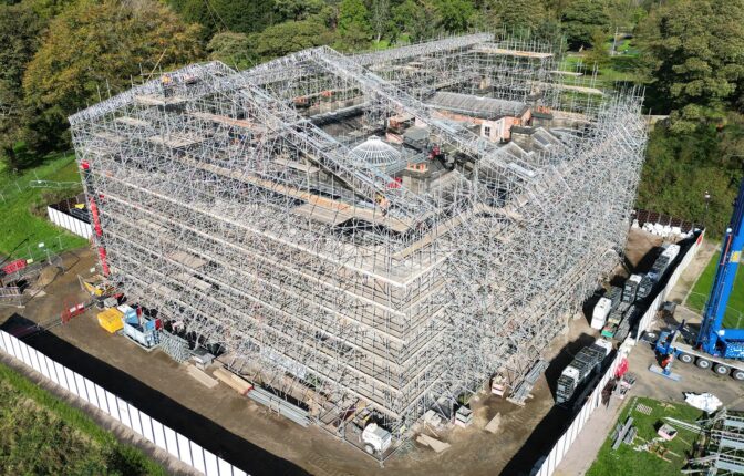 An image of the Haigh Hall scaffolding project.