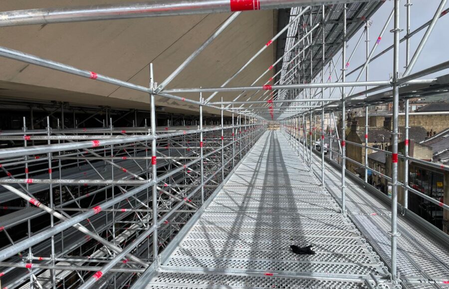 An image of the Trinity Building in Halifax covered in scaffolding.