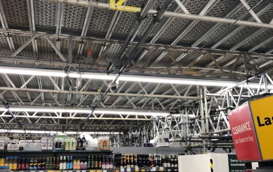 An image of Morrison's Superstore in Devon's interior scaffolding.