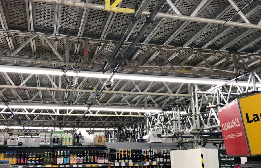 An image of Morrison's Superstore in Devon's interior scaffolding.