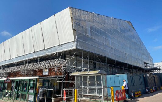 An image of Morrison's Superstore in Devon's interior scaffolding.