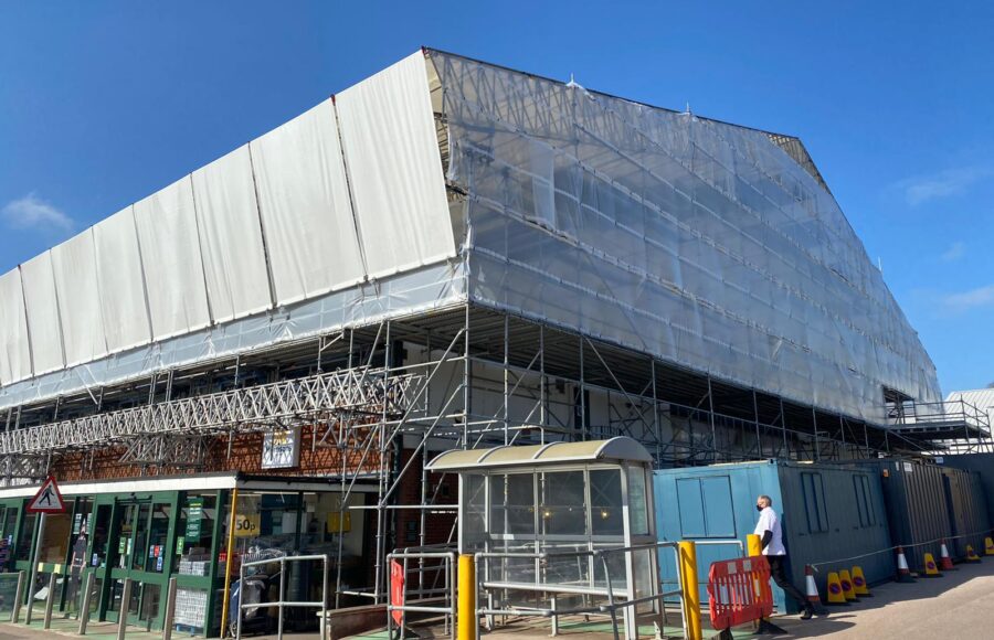 An image of Morrison's Superstore in Devon's interior scaffolding.