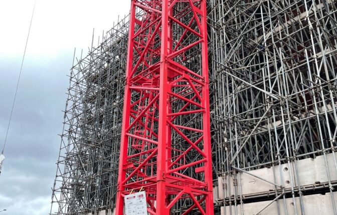 An image of Heaps Mill in Liverpool covered in scaffolding.